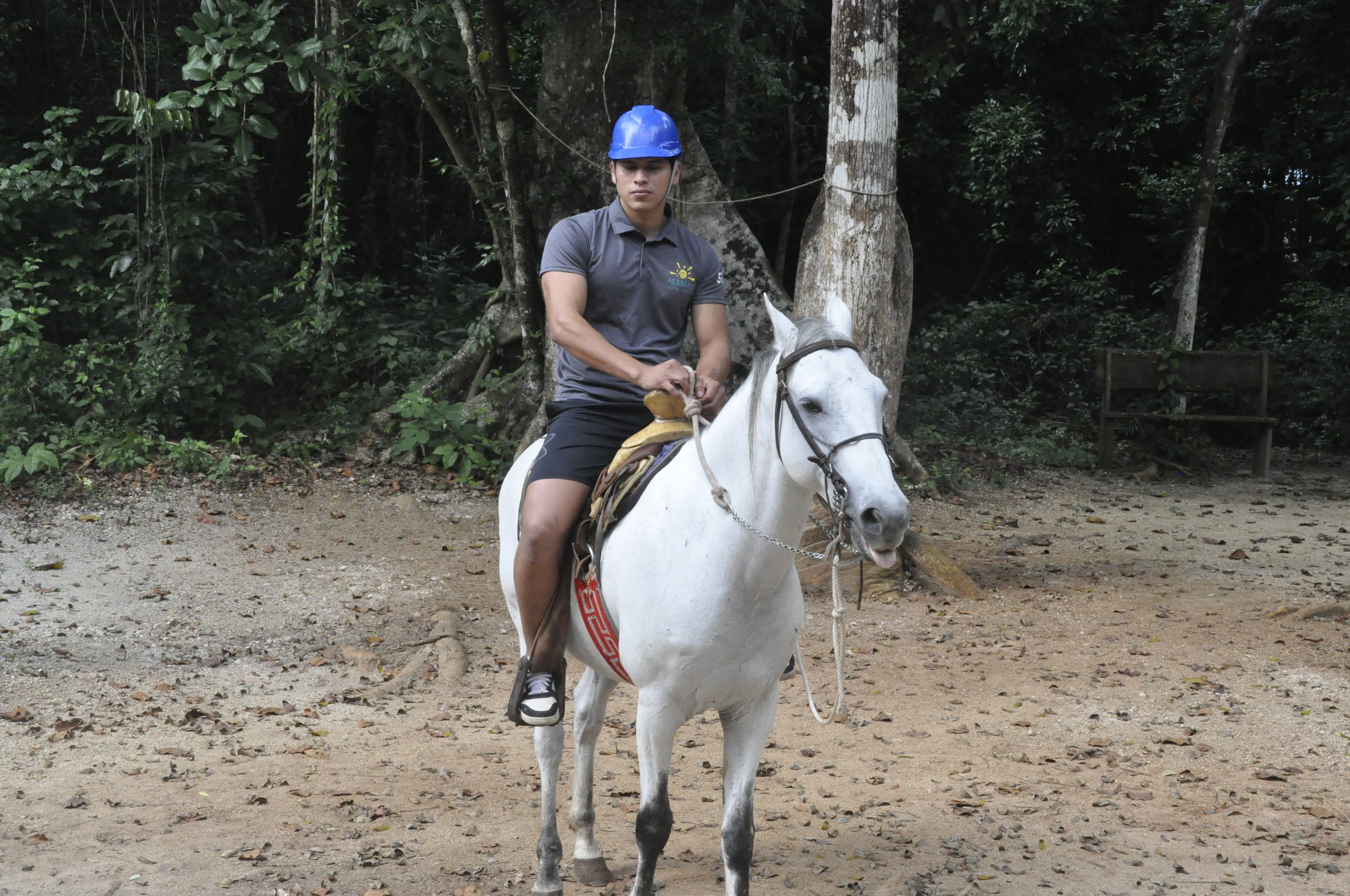 Guide on a white horse at the jungle adventure park in Cancun