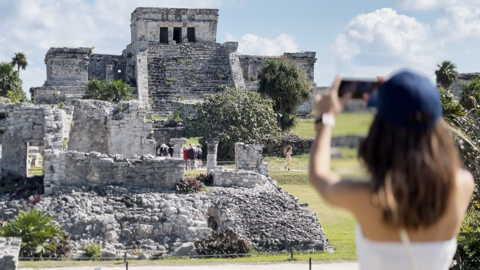 Tulum Mayan ruins with El Castillo temple and turquoise Caribbean sea below
